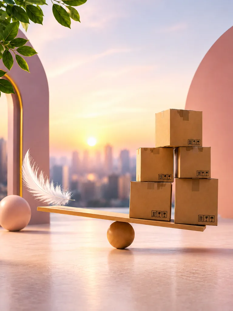 Stack of shipping boxes tipping a seesaw against a single feather