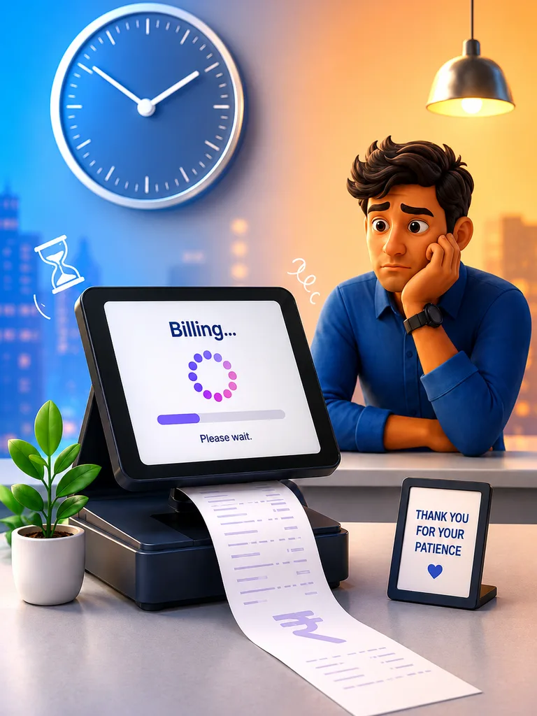 Frustrated shop owner waiting at a billing terminal stuck on a loading screen while a long receipt prints